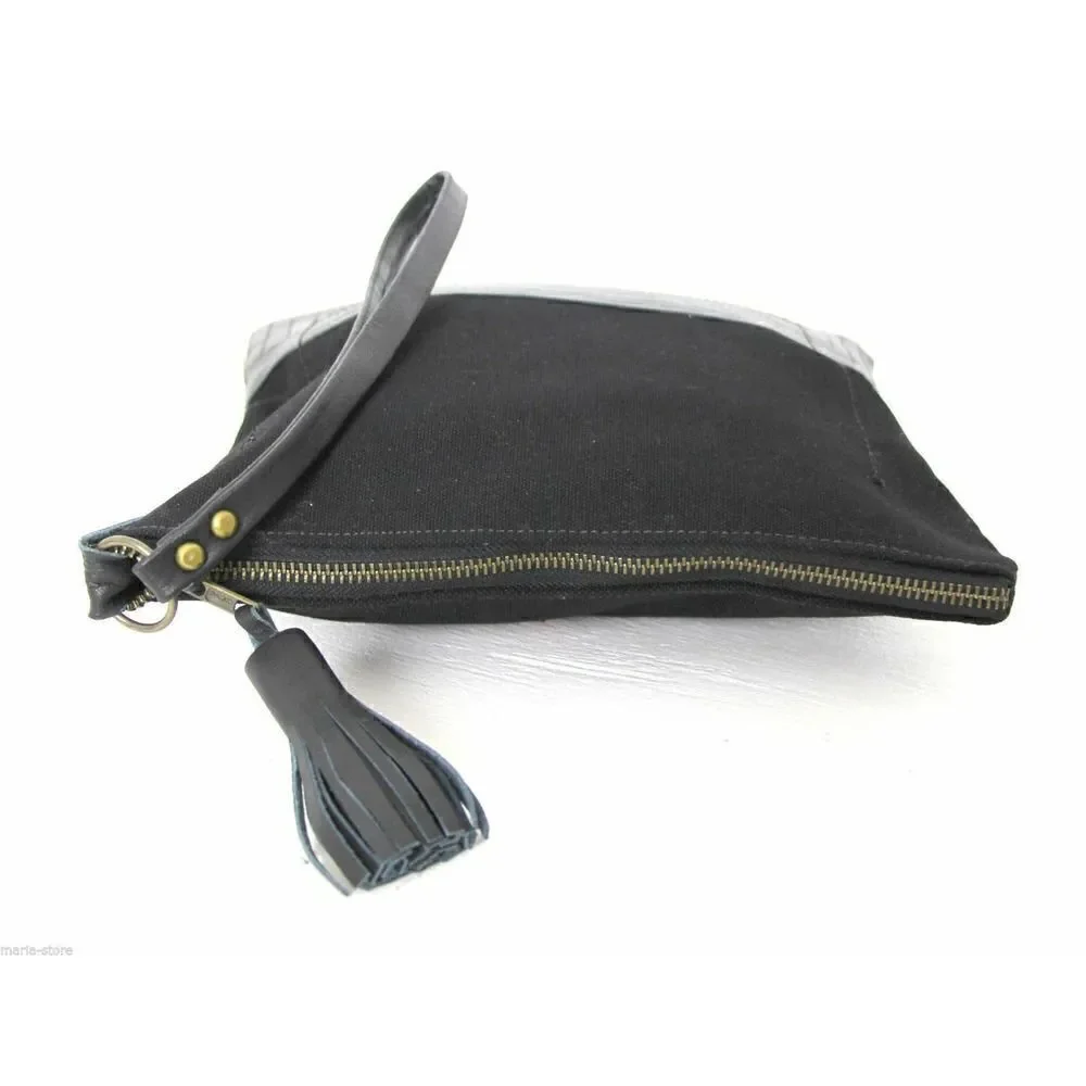 LARGE REBEL HANDMADE MURKA BLACK CANVAS RED STAR LEATHER WRISTLET CLUTCH HANDBAG